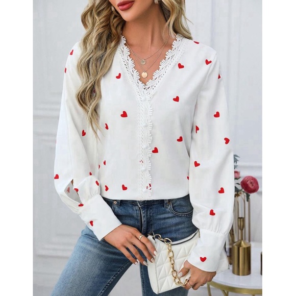 Heart Print Button-Up Shirt with Flared Lace Cuffs - Gray main image 0